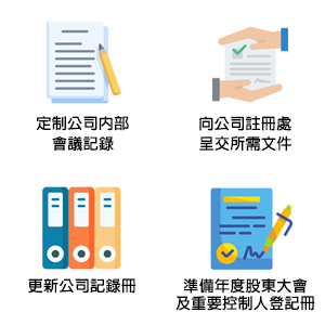 company secretary services: Formulate internal meeting minutes, Submit document to company registry, Update company record book, Prepare SCR & AGM documents