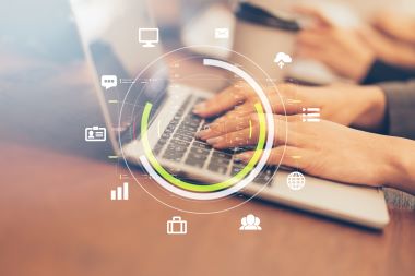 virtual office Virtual office concept, close up female office woman hand use laptop on wooden table.